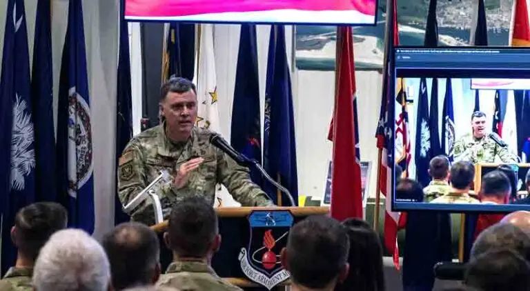 Col. Robert Lyons III, speaks to the crowd during the Air Force Lifecycle Management Center’s, Armament Directorate assumption of leadership ceremony.