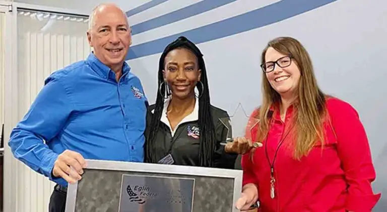 Eglin Federal Credit Union President/CEO Jerry Williams and Fort Walton Beach Member Service Supervisor Vanessa Cicchiani with Member Service Counselor Tiffany Jackson