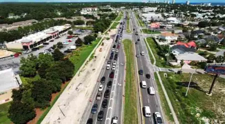 U.S. Highway 98, aerial showing road work, traffic backed up, bay county, Fla.