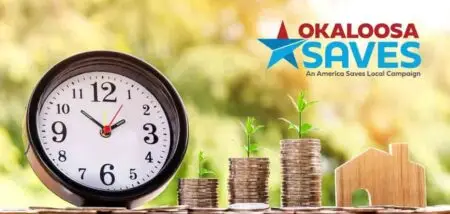 Okaloosa Saves promotional banner with clock, stacks of coins