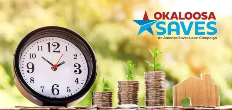 Okaloosa Saves promotional banner with clock, stacks of coins