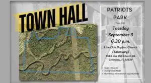 Notice announcing the Patriots Park Town Hall meeting in Crestview Florida on Sept. 3, 2024.