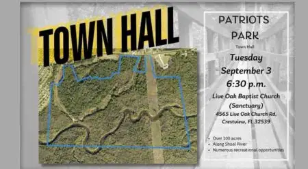 Notice announcing the Patriots Park Town Hall meeting in Crestview Florida on Sept. 3, 2024.