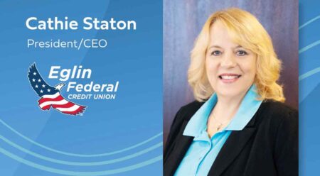 Eglin Federal Credit Union illustration featuring image of Cathie Staton and her title, President/CEO.