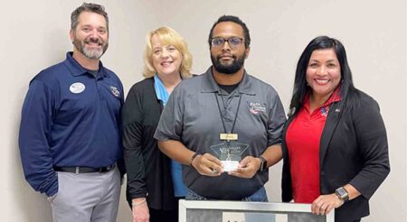 Eglin Federal Credit Union Account Services Manager Adam Dudney, EVP/Chief Strategy Officer Cathie Staton and AVP Account Services Ruth Fennell with Account Services Rep Tommy Tensley, the 5-Star Performer of the 3rd Quarter of 2024.