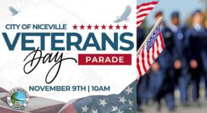 Promotional banner for the City of Niceville Veterans Day Parade on November 9th at 10 a.m. The design features the words “Veterans Day Parade” in bold, with an American flag and blurred military personnel in the background. Six stars and an eagle icon add patriotic elements, along with the City of Niceville seal in the corner.