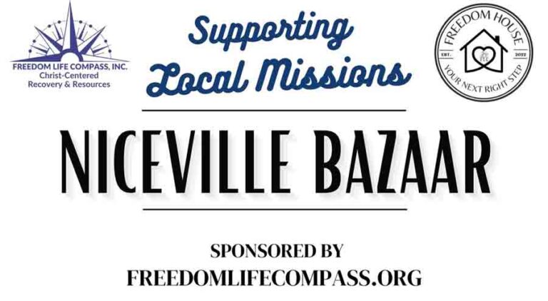 Illustration promoting the 2024 Niceville Bazaar hosted by Freedom House and Freedom Life Compass in Niceville, Florida