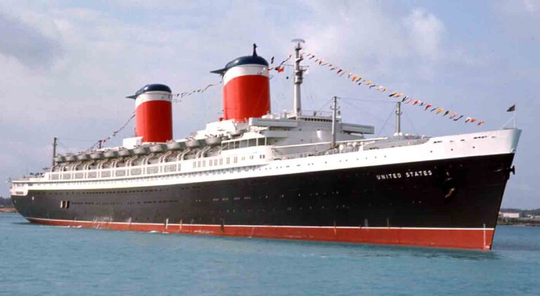 Color-optimized historic image of the SS United States near shore.