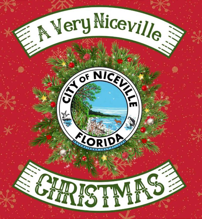 A holiday-themed design for A Very Niceville Christmas featuring the City of Niceville logo surrounded by a wreath with festive decorations, set against a red background with snowflakes.