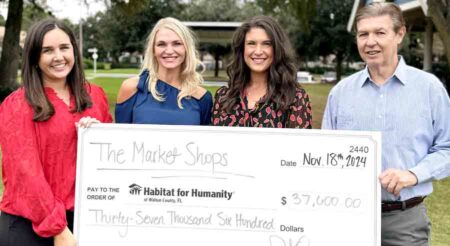 Close-up view of representatives from The Market Shops and Habitat for Humanity of Walton County hold a ceremonial check for $37,600 raised during the Ninth Annual Bloody Mary Festival.