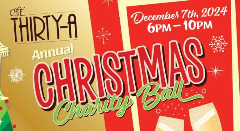 Flyer header for Café Thirty-A’s Annual Christmas Charity Ball beneficiary Caring and Sharing of South Walton.