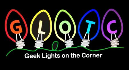 Colorful logo for Geek Lights on the Corner with large, animated lightbulbs spelling "GLOTC."