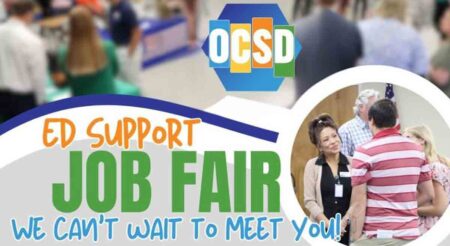 A promotional graphic for the Okaloosa County School District Educational Support Job Fair featuring event details, images of attendees engaging with staff, and the OCSD logo.