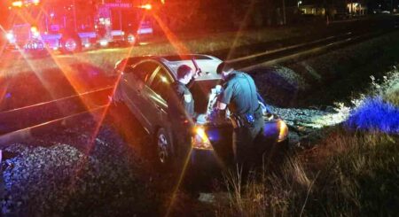 Police officers inspecting a crashed car on railroad tracks at night with emergency vehicles and flashing lights in the background.