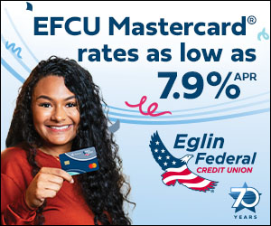 Smiling woman holding an Eglin Federal Credit Union Mastercard with text advertising rates as low as 7.9% APR and Eglin Federal Credit Union logo.