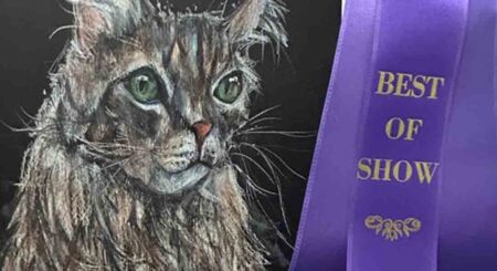 Close-up view of Best of Show artwork by Drake Harris featuring a detailed painting of a cat and Best of Show ribbon.