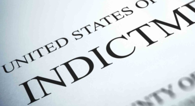 Close-up of a United States federal indictment document with bold lettering.