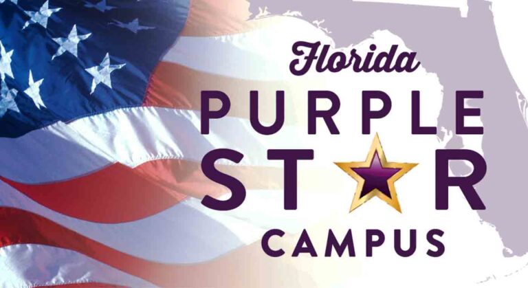 Florida Purple Star Campus logo with an American flag background and a purple star outlined in gold.