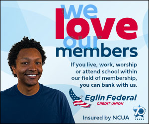 A smiling man stands against a blue background with the text “We love our members” in bold red and blue font. The ad promotes Eglin Federal Credit Union membership for those who live, work, worship, or attend school within their field of membership. The Eglin Federal Credit Union logo, "70 Years" anniversary emblem, and "Insured by NCUA" disclaimer are included.