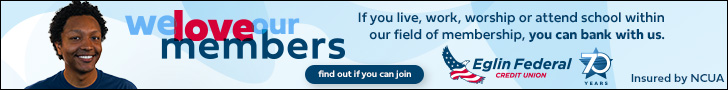 A banner ad featuring a smiling man on the left, with the text “We love our members” in bold red and blue font. The ad invites potential members to join Eglin Federal Credit Union if they live, work, worship, or attend school within the membership field. The credit union's logo, a "70 Years" anniversary emblem, and "Insured by NCUA" disclaimer are included, along with a call-to-action button labeled "Find out if you can join."