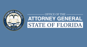 The official logo of the Office of the Attorney General, State of Florida. It features a blue background with a circular seal on the left containing a golden scale of justice over an open book labeled "Lex." To the right of the seal, the text reads "Office of the Attorney General" in white and "State of Florida" in bold navy blue, separated by horizontal white lines.