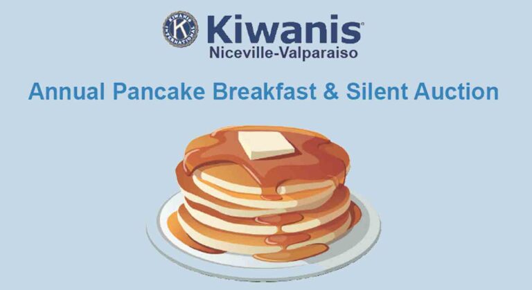 A promotional image for the Kiwanis Club of Niceville-Valparaiso's Annual Pancake Breakfast & Silent Auction. The image features a stack of golden pancakes with syrup and butter on a plate, along with the event title in bold blue text and the Kiwanis International logo at the top.