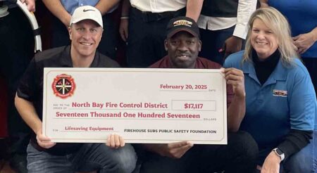 Close-up of three individuals holding an oversized check for $17,117, presented to the North Bay Fire Control District by the Firehouse Subs Public Safety Foundation. The check is labeled for lifesaving equipment and dated February 20, 2025. Description: