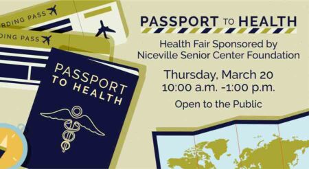 An illustrated promotional graphic for the "Passport to Health" event hosted by the Niceville Senior Center Foundation. The design includes a passport-themed layout with boarding passes, a health symbol, a compass, and a map. Event details such as date, time, and location are displayed.