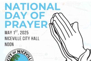 Illustration of praying hands with event details for the National Day of Prayer in Niceville on May 1, 2025.