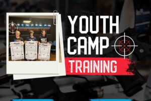 Three teens hold paper shooting targets at Emerald Coast Indoor Shooting & Sport, promoting the 2025 Youth Camp Training sessions.