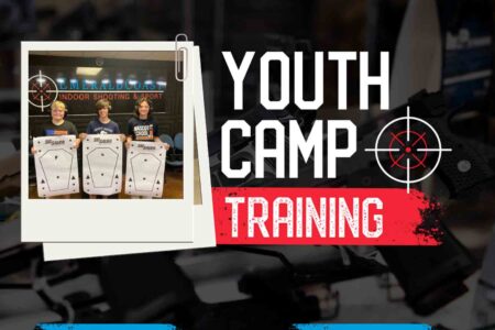 Three teens hold paper shooting targets at Emerald Coast Indoor Shooting & Sport, promoting the 2025 Youth Camp Training sessions.