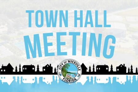 Town Hall Meeting graphic with City of Niceville logo