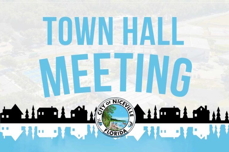 Town Hall Meeting graphic with City of Niceville logo