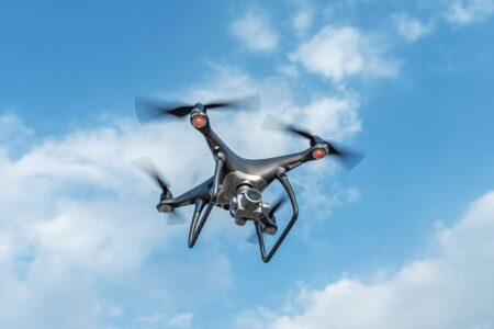 Black quadcopter drone flying against a blue sky with scattered clouds