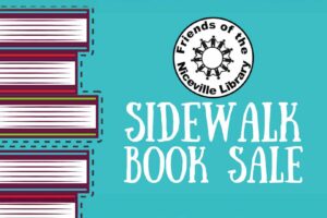 Stack of books and “Sidewalk Book Sale” graphic for Friends of the Niceville Library