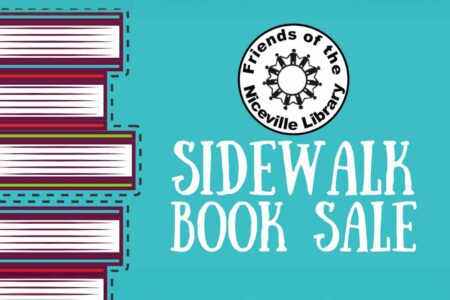 Stack of books and “Sidewalk Book Sale” graphic for Friends of the Niceville Library