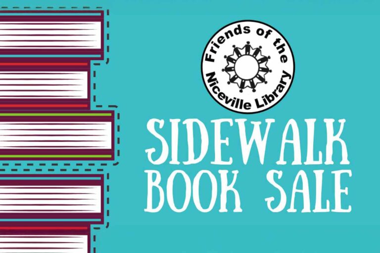 Stack of books and “Sidewalk Book Sale” graphic for Friends of the Niceville Library