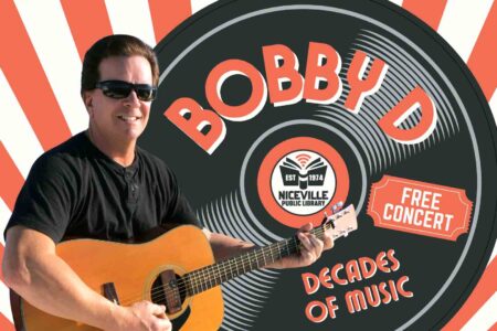 Bobby D holding a guitar in front of a retro-style background promoting his Decades of Music concert, hosted by the Niceville Public Library.