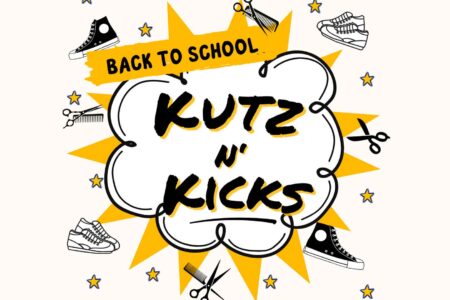 Kutz n’ Kicks back-to-school event logo featuring sneakers, scissors, and stars