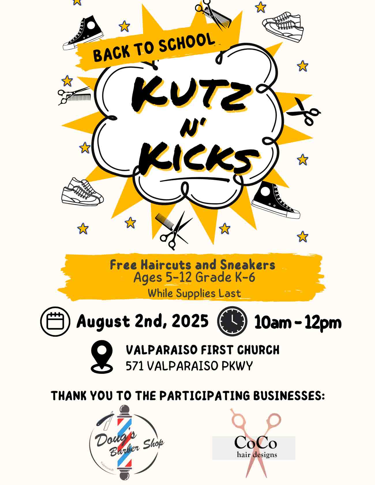 Kutz n’ Kicks 2025 event flyer for free back-to-school haircuts and sneakers