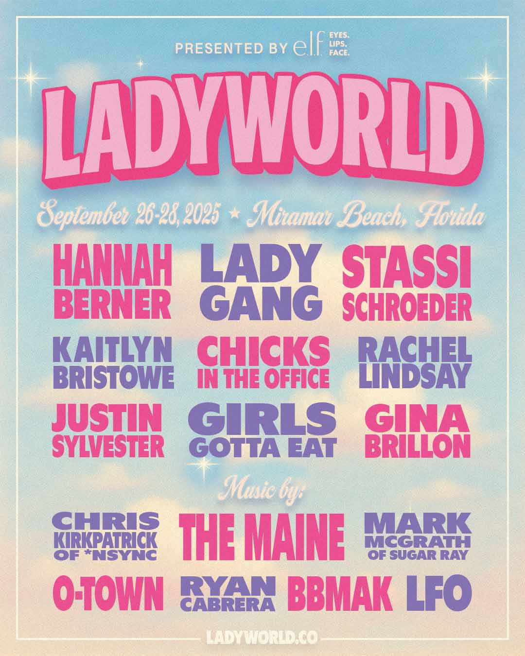 LadyWorld 2025 event lineup poster with dates, location, and list of performers and musical acts