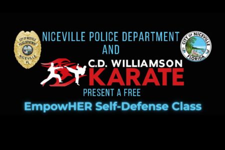 Top of EmpowerHER Self-Defense flyer featuring logos and event title
