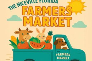 Cartoon farm animals and produce riding in a blue truck with “Farmers Market” text