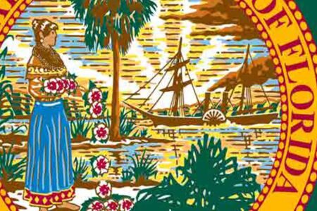 Seal of the State of Florida featuring a Seminole woman, steamboat, and palm tree