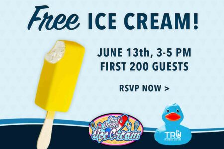 Promotional graphic advertising free ice cream for the first 200 guests on June 13 at Tru Plumbing and Gas in Niceville, featuring a yellow popsicle and logos for That's James Ice Cream and Tru Plumbing.