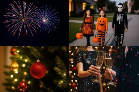 A four-photo collage featuring fireworks, trick-or-treaters, a decorated Christmas tree, and a New Year’s Eve champagne toast.