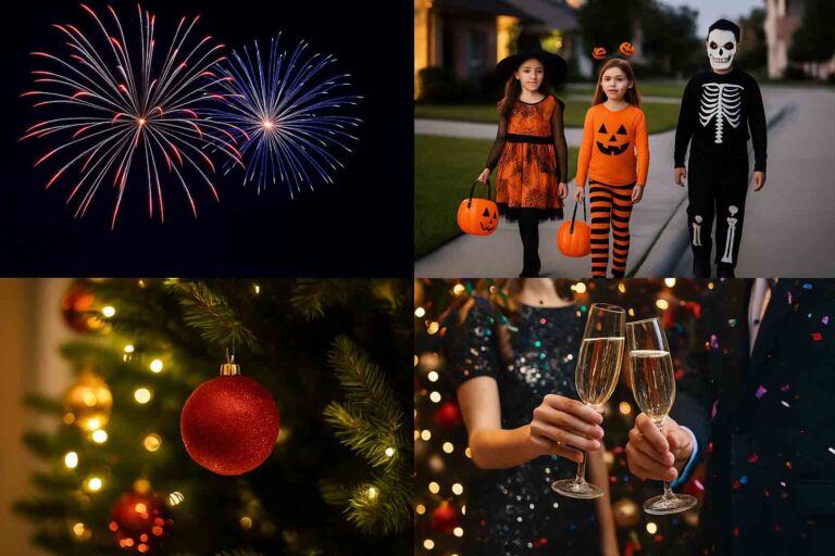 A four-photo collage featuring fireworks, trick-or-treaters, a decorated Christmas tree, and a New Year’s Eve champagne toast.