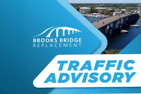 Traffic advisory image for Brooks Bridge Replacement Project showing bridge and logo.