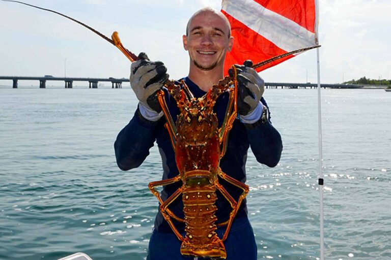 Diver holding a large Florida spiny lobster on a boat with a dive flag in the background