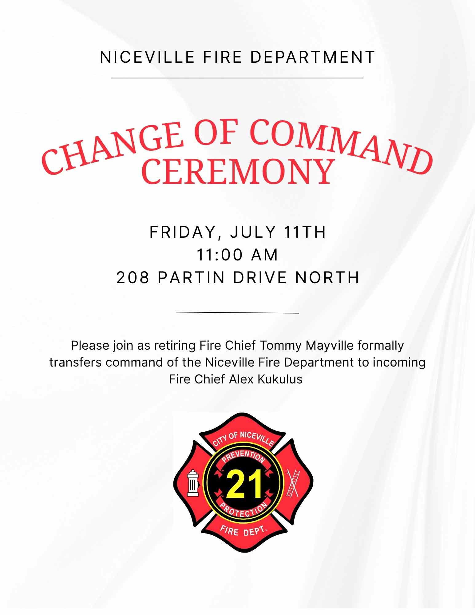 Flyer for Niceville Fire Department Change of Command Ceremony on July 11